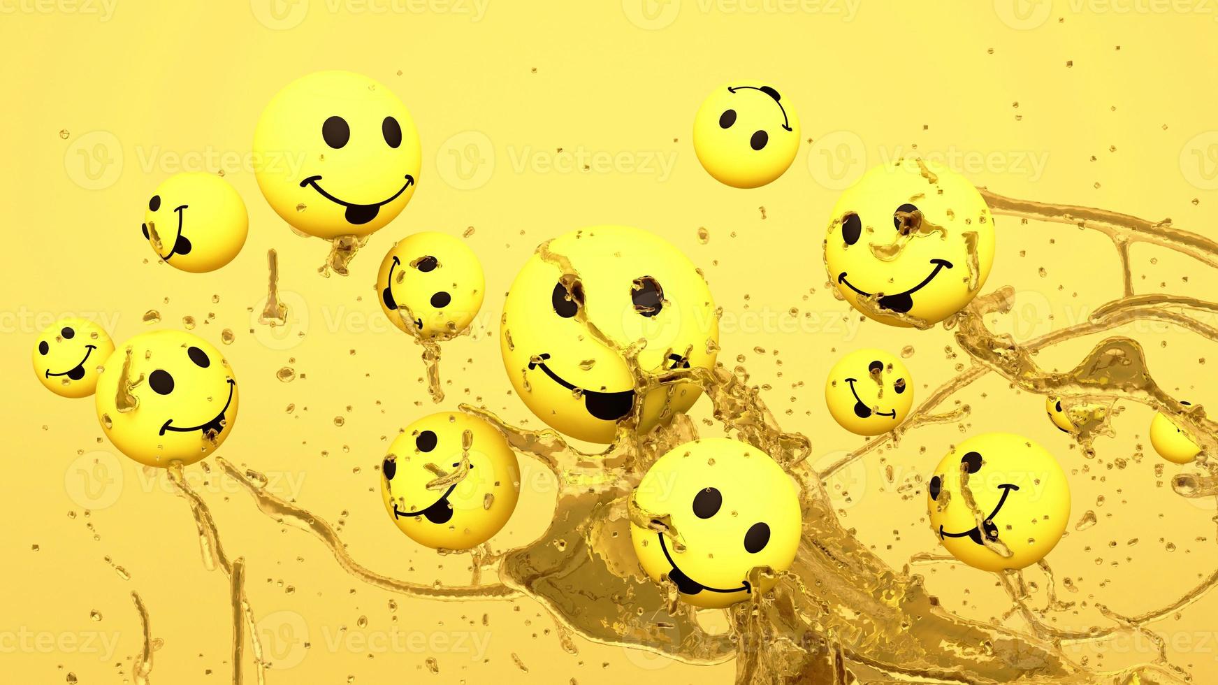 emojis ikoner med ansiktsbehandling uttryck leende gul ansikte boll med vatten stänk. social media begrepp. gul bakgrund 3d tolkning foto