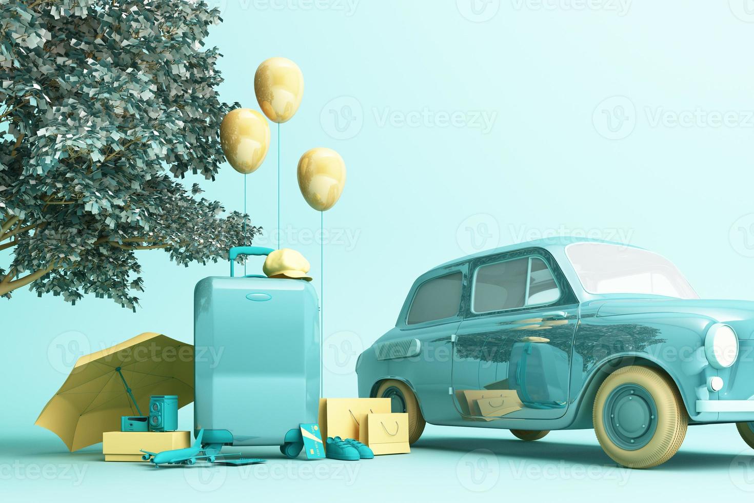 begrepp retro bil med bagage omgiven förbi resa Utrustning i grön Färg tona. 3d tolkning foto