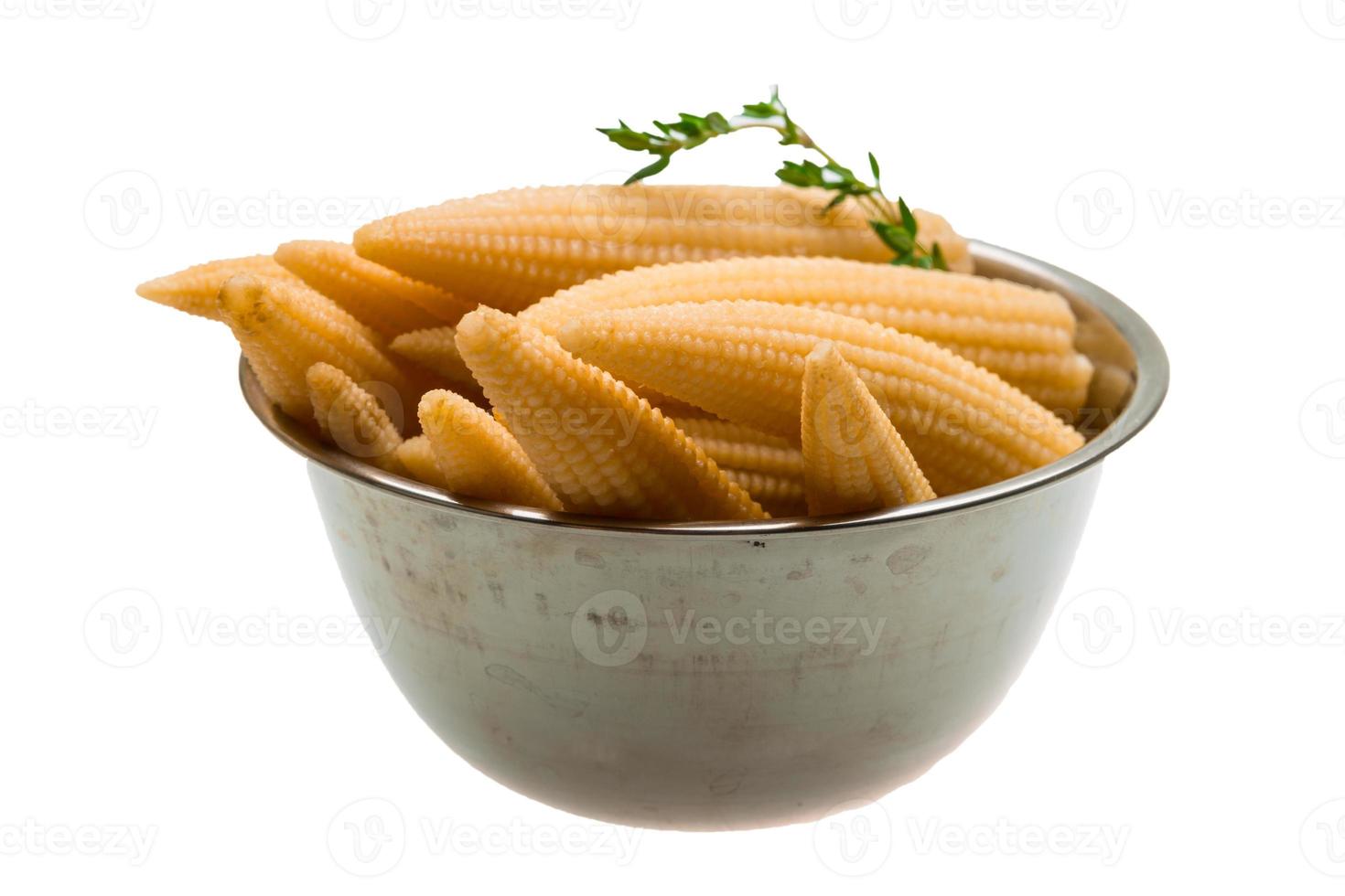 bebis majs i en skål på vit bakgrund foto