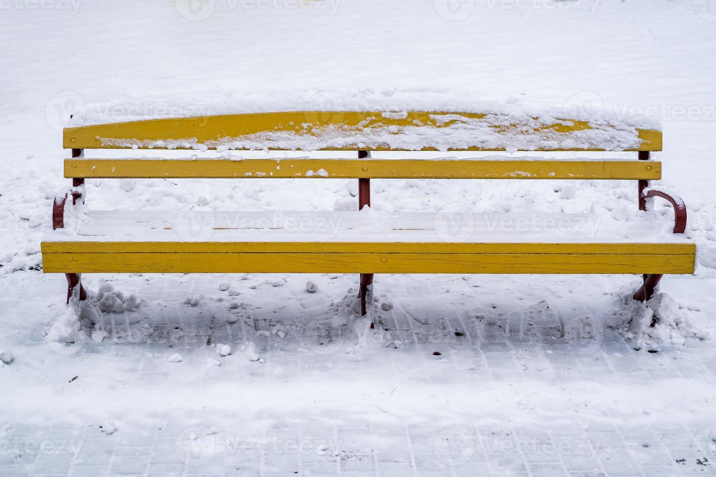 gul trä- parkera bänkar täckt med snö foto