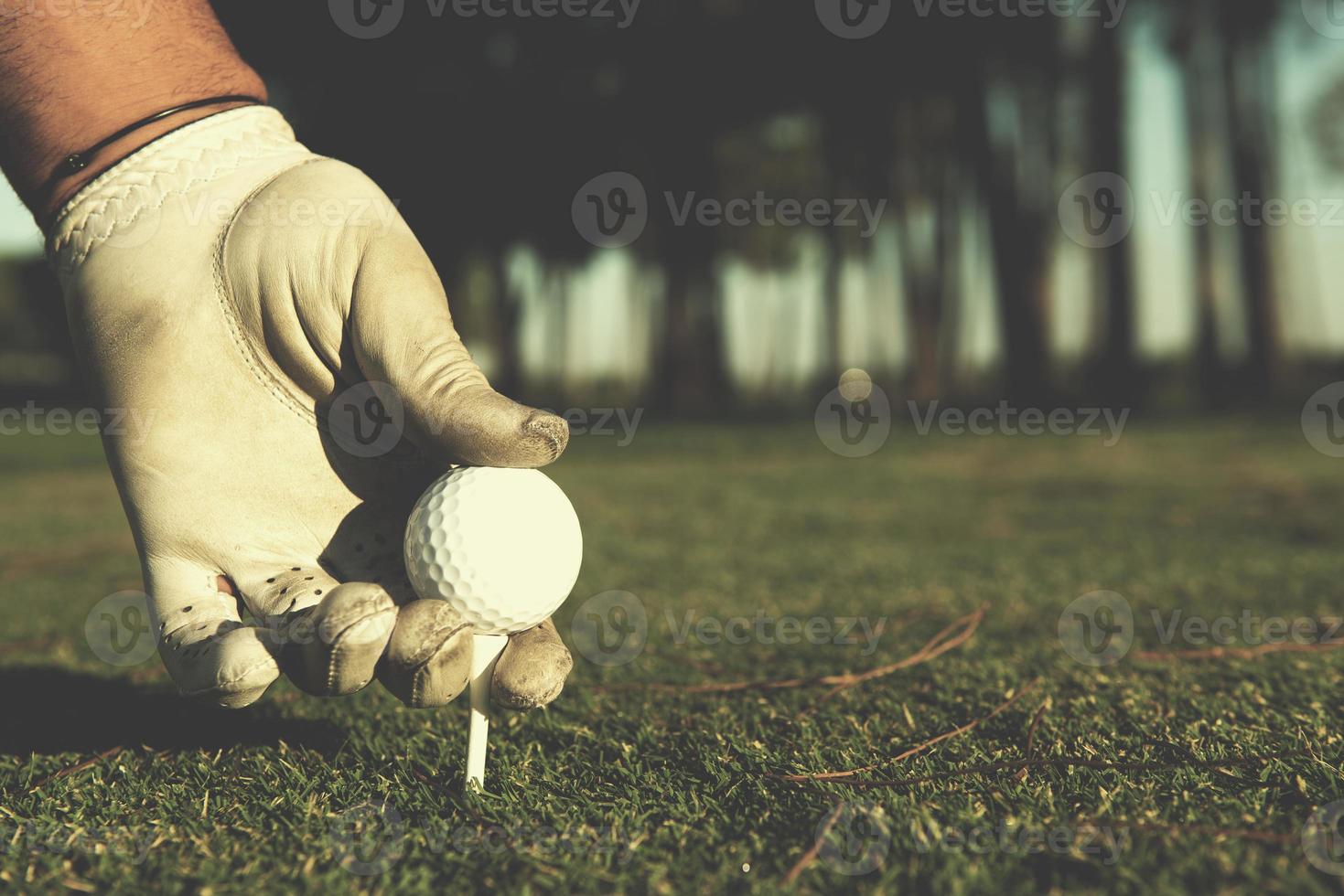 stänga upp av golf spelare hand placering boll på tee foto