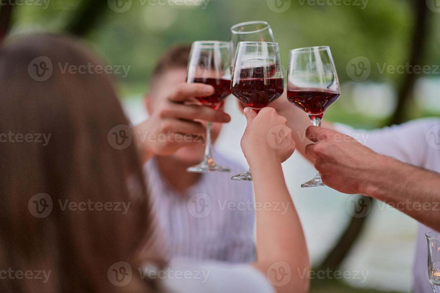vänner toasting röd vin glas medan har picknick franska middag fest foto