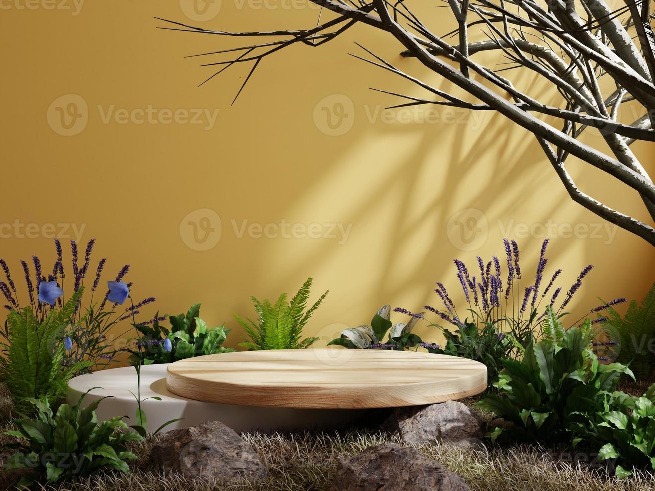 trä- podium i tropisk skog för produkt presentation och gul bakgrund. foto