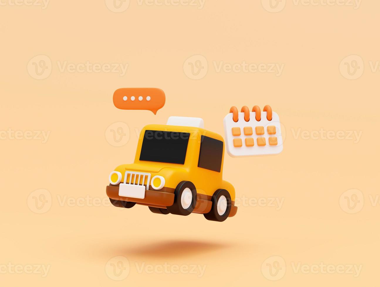 taxi bil med bubbla chatt meddelande och kalender för uppkopplad transport service begrepp webb baner tecknad serie ikon eller symbol bakgrund 3d illustration foto