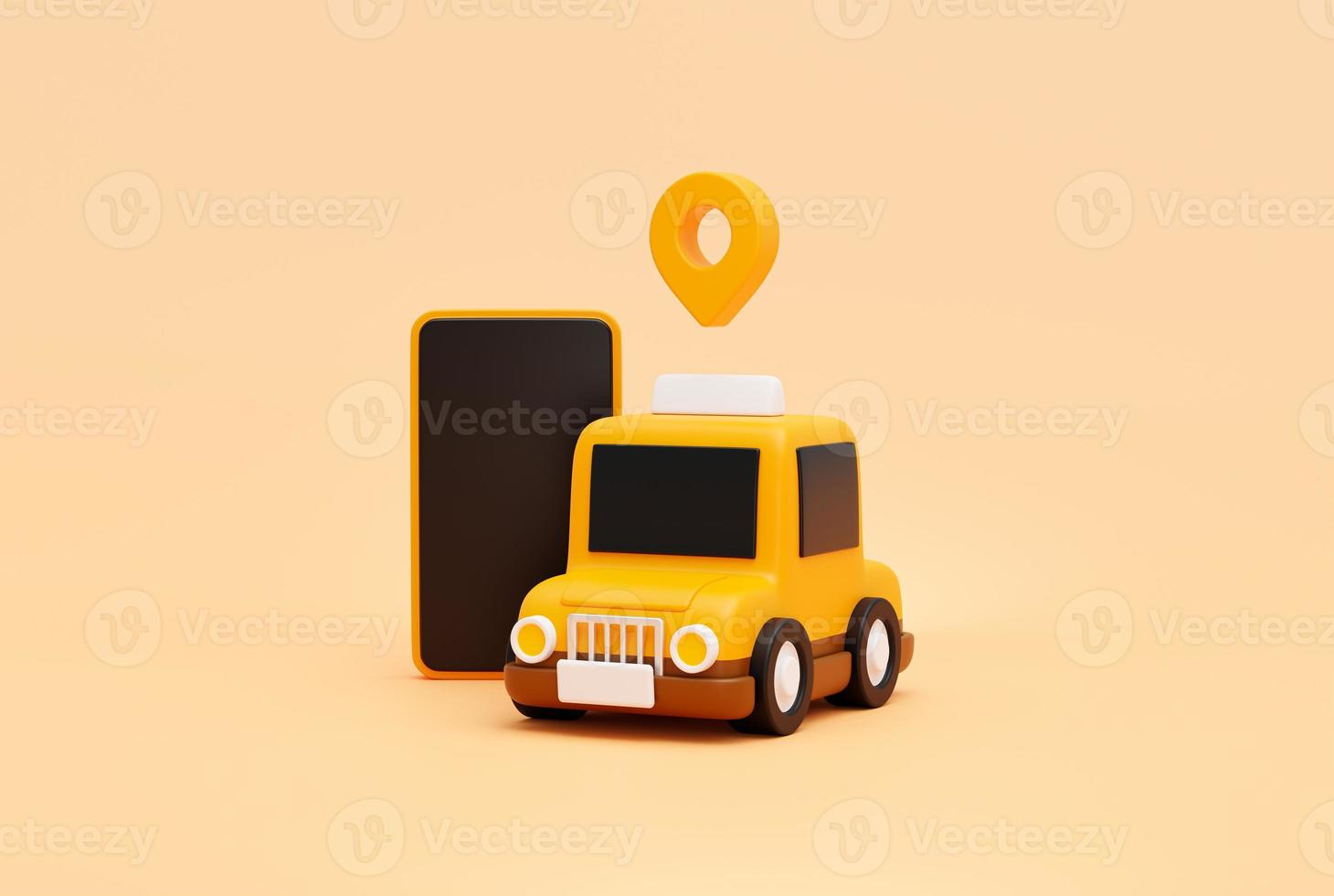 taxi bil med stift pekare mark plats och smartphone för uppkopplad transport service begrepp webb baner tecknad serie ikon eller symbol bakgrund 3d illustration foto