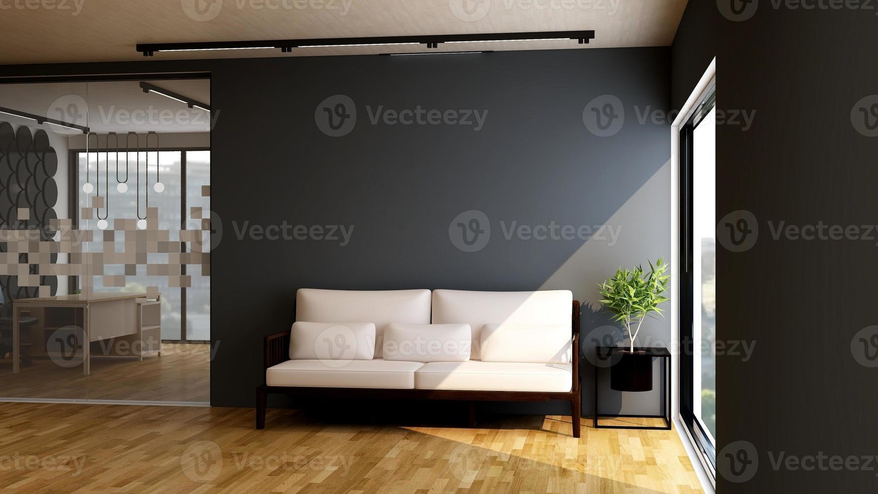 3D-rendering gästlounge väggmockup design med modernt minimalistiskt inredningskoncept foto