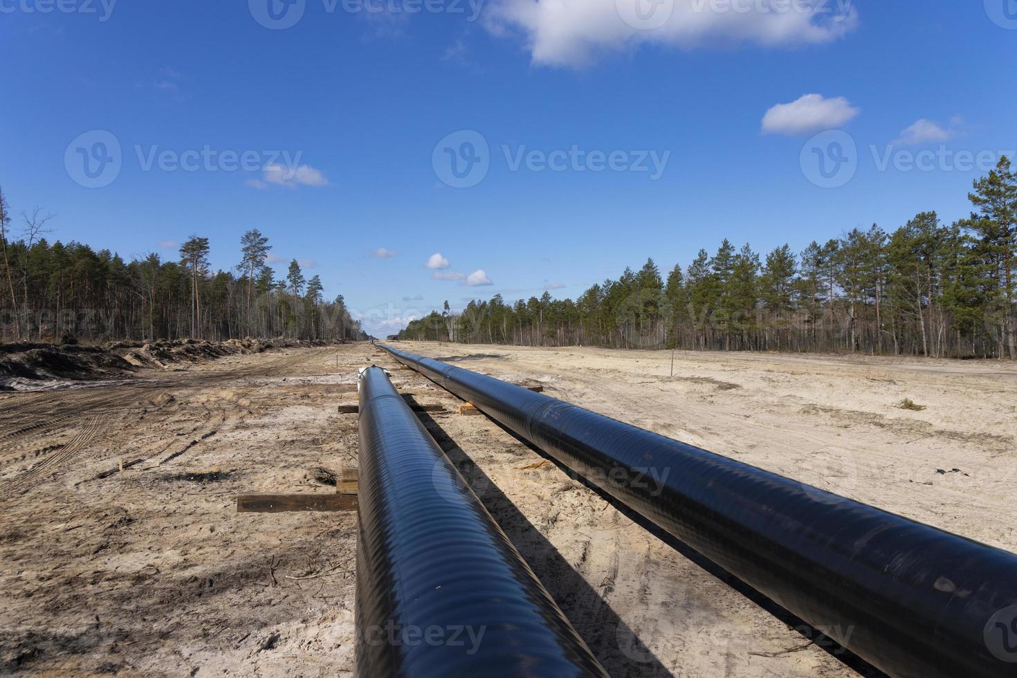 rå olja och naturlig gas rörledning konstruktion arbete i skog område. petrokemiska rör på topp av trä- stödjer. installation och konstruktion de rörledning för transport gas till lng växt foto