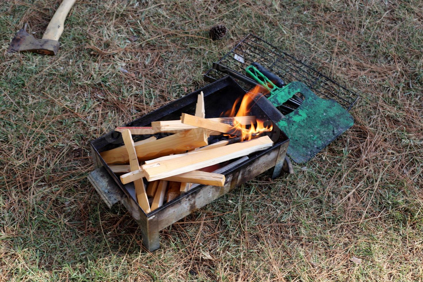 grönsaker och kött är friterad på de grill. foto