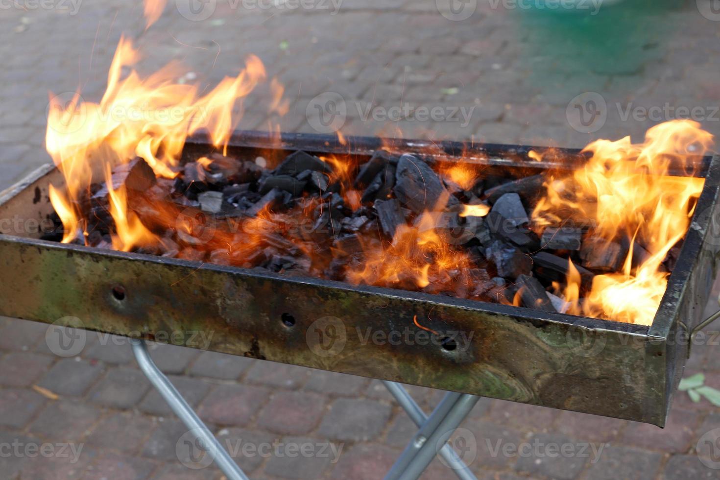 grönsaker och kött är friterad på de grill. foto