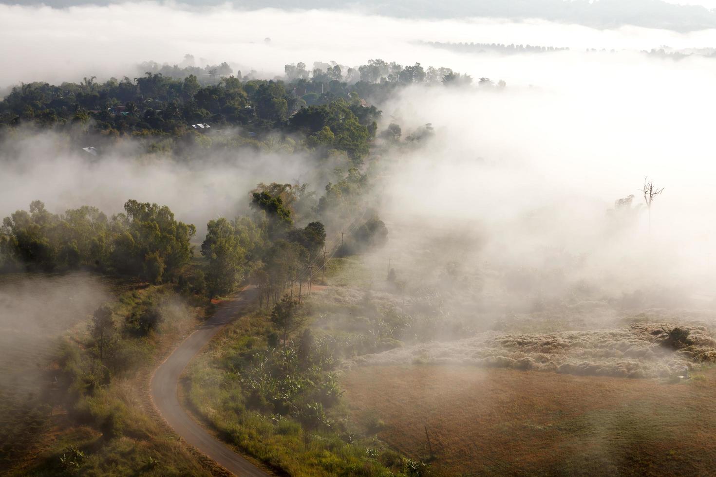 dimmig morgonsoluppgång och väg i berg vid khao-kho phetchabun, thailand foto