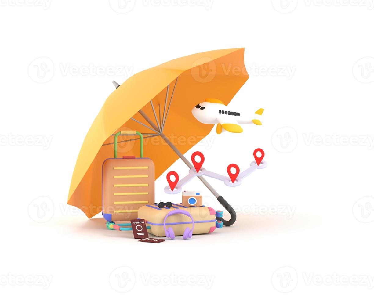 resa försäkring företag begrepp. gul paraply omslag flygplan och resväskor. foto