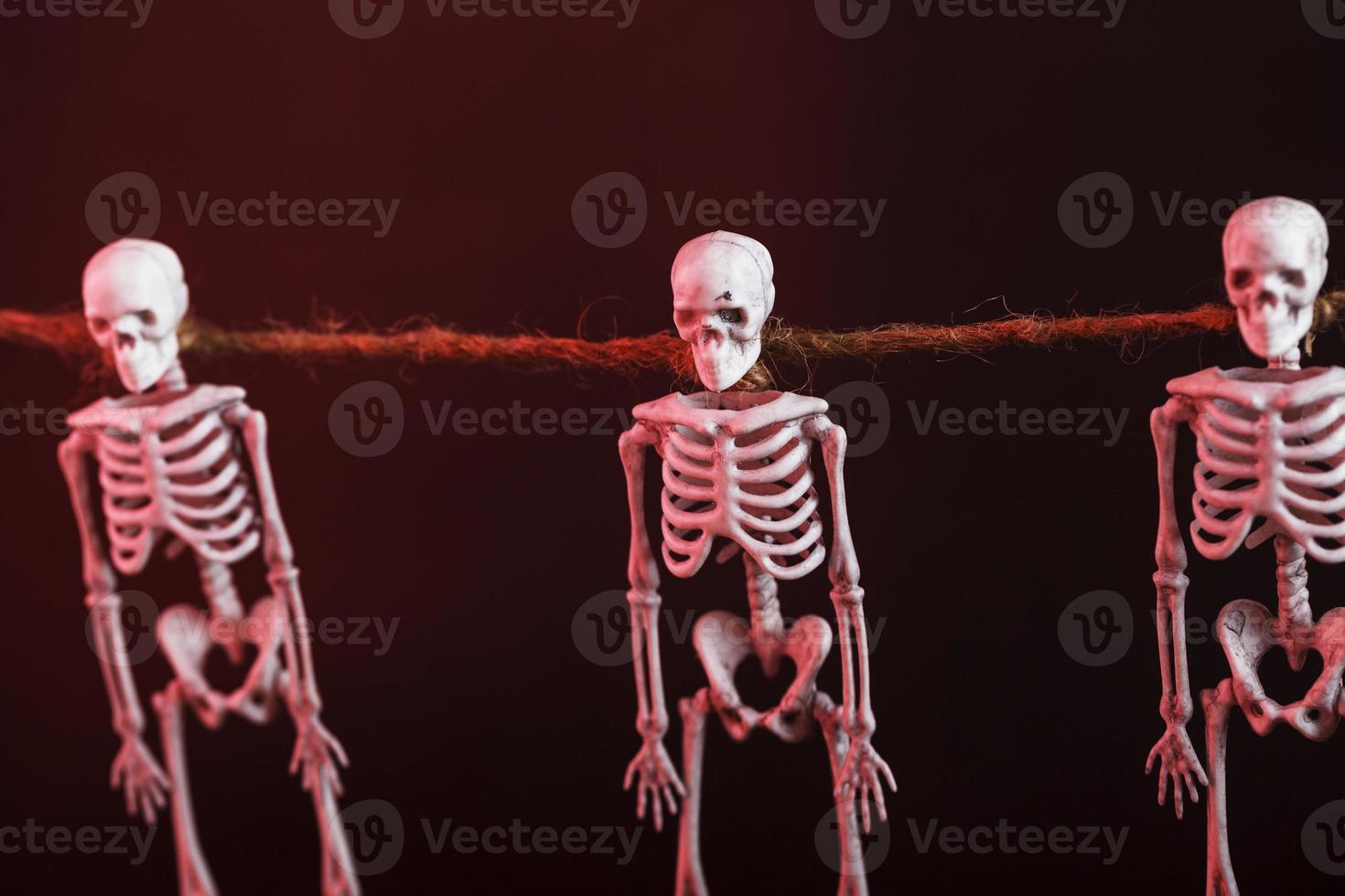 skelett hänga på en rep på en svart bakgrund med röd belysning foto