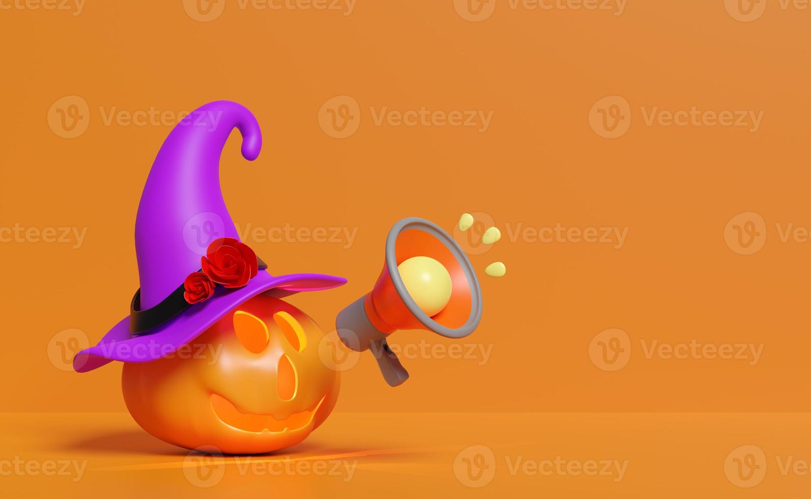 3d halloween pumpa Semester fest med megafon, häxa hatt isolerat på orange bakgrund. marknadsföring handla, befordran Nyheter för social media nät begrepp, 3d framställa illustration, klippning väg foto