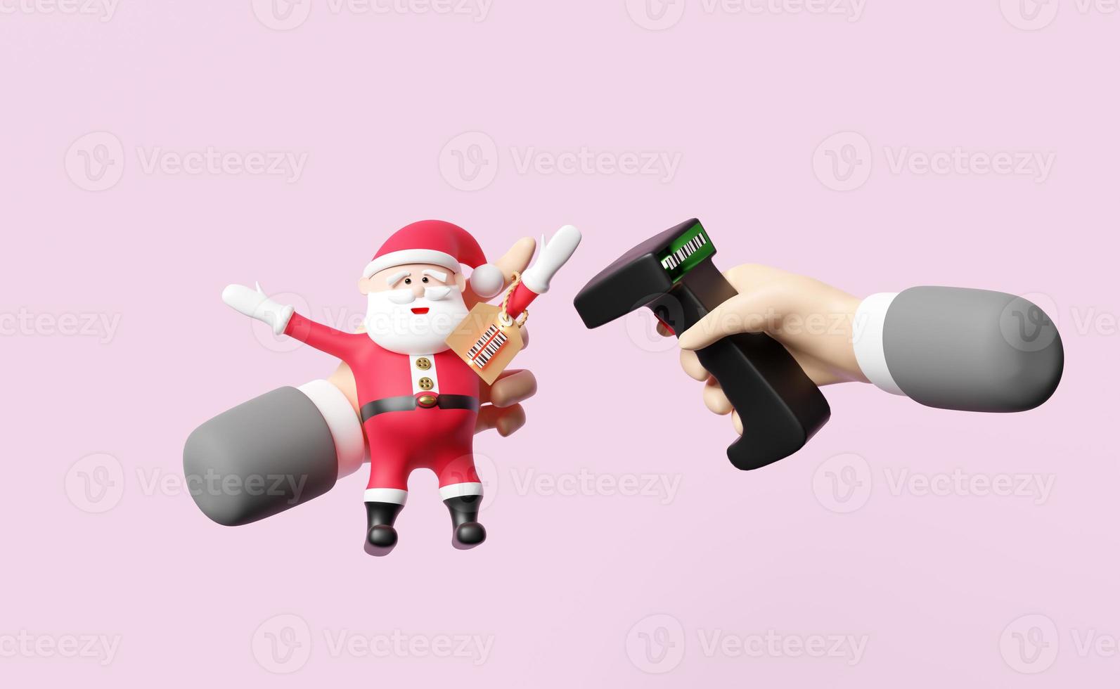 händer innehav streckkod scanner med santa claus docka, pris taggar isolerat på rosa bakgrund, 3d illustration eller 3d framställa foto