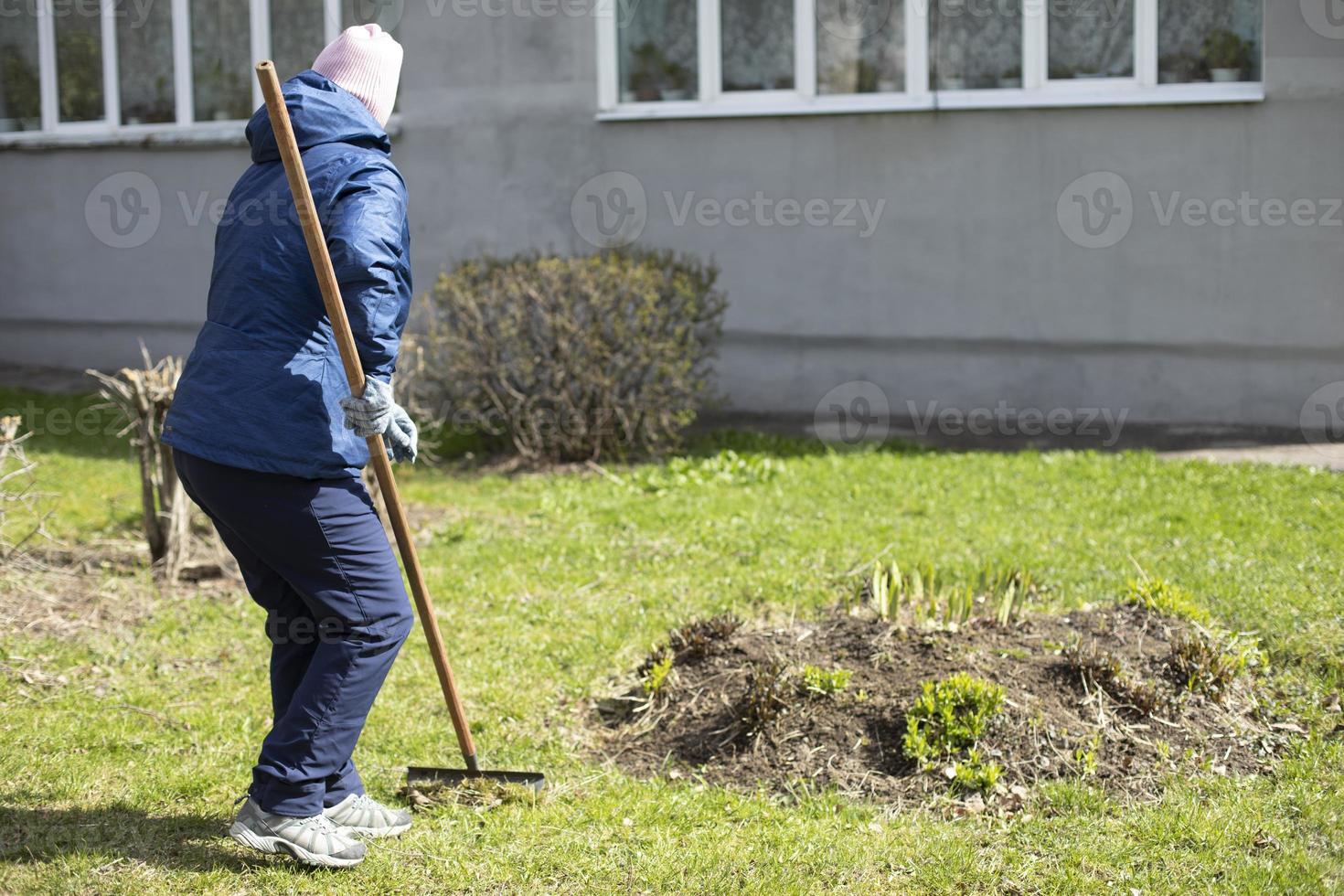 kvinna gör blomma säng. trädgårdsmästare är arbetssätt. skapande skön trädgård. arbete i färsk luft. foto