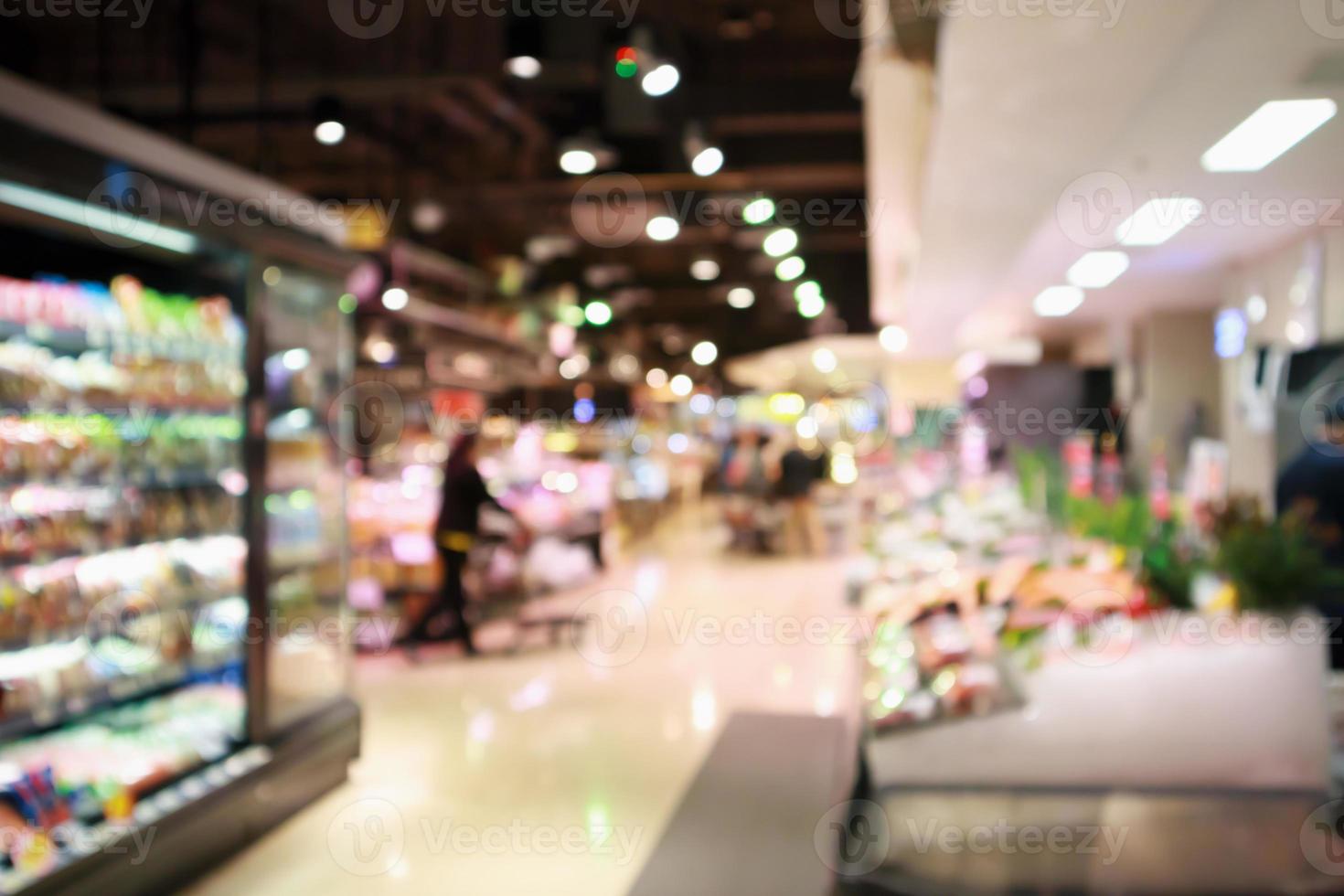 abstrakt stormarknad livsmedelsbutik suddig defokuserad bakgrund med bokeh ljus foto