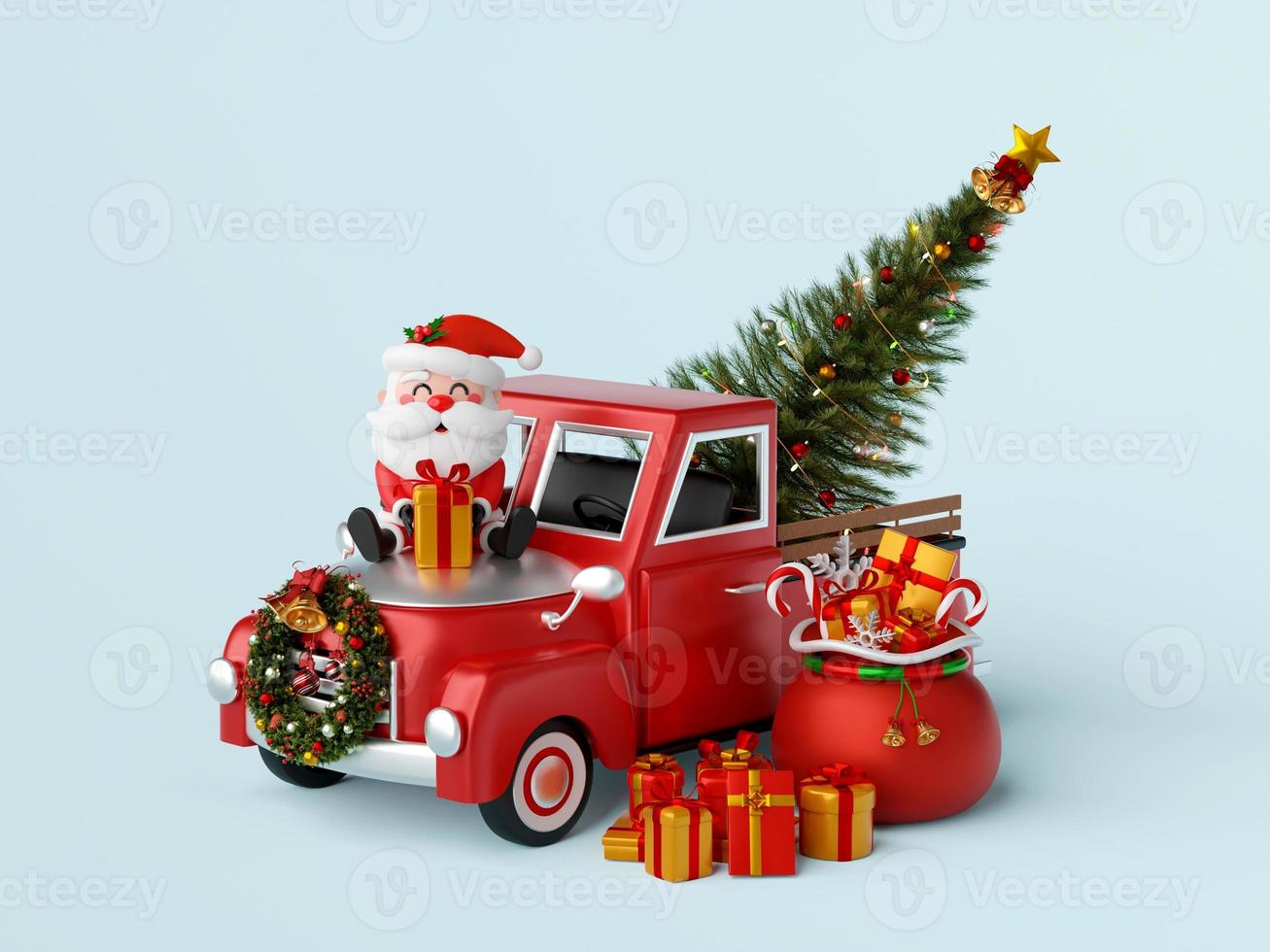 santa claus sitta på jul lastbil bärande jul träd, 3d illustration foto
