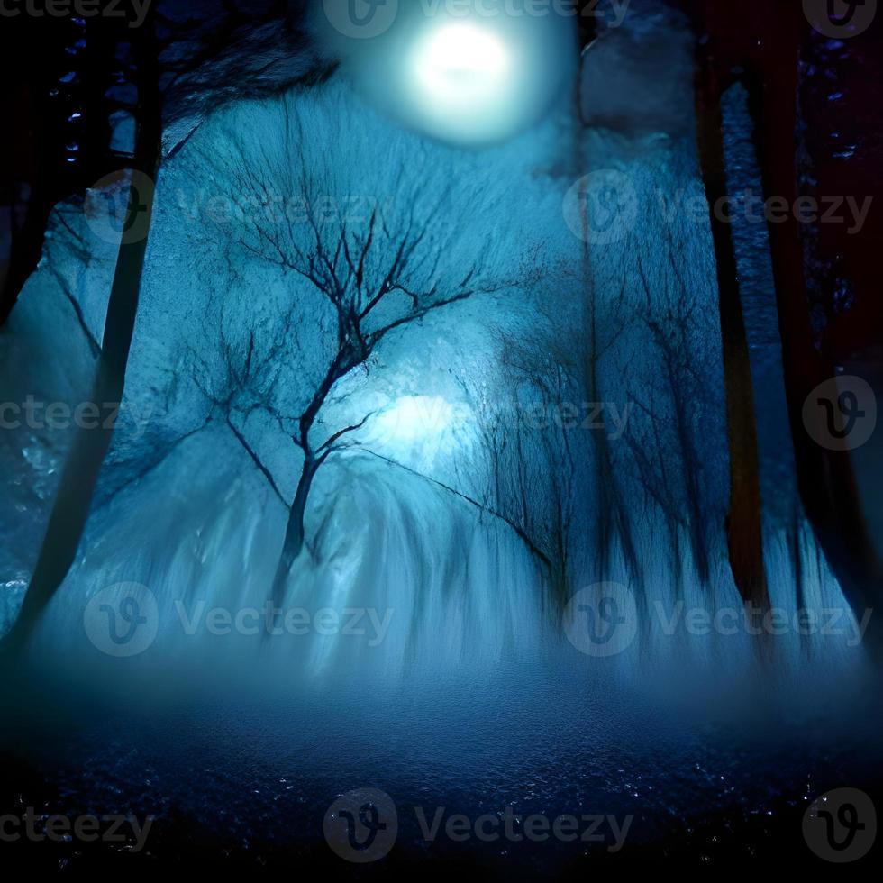 fantasi magisk förtrollade fe- berättelse landskap med skog sjö, fantastisk saga trädgård. mystisk blå bakgrund och lysande måne stråle i natt foto
