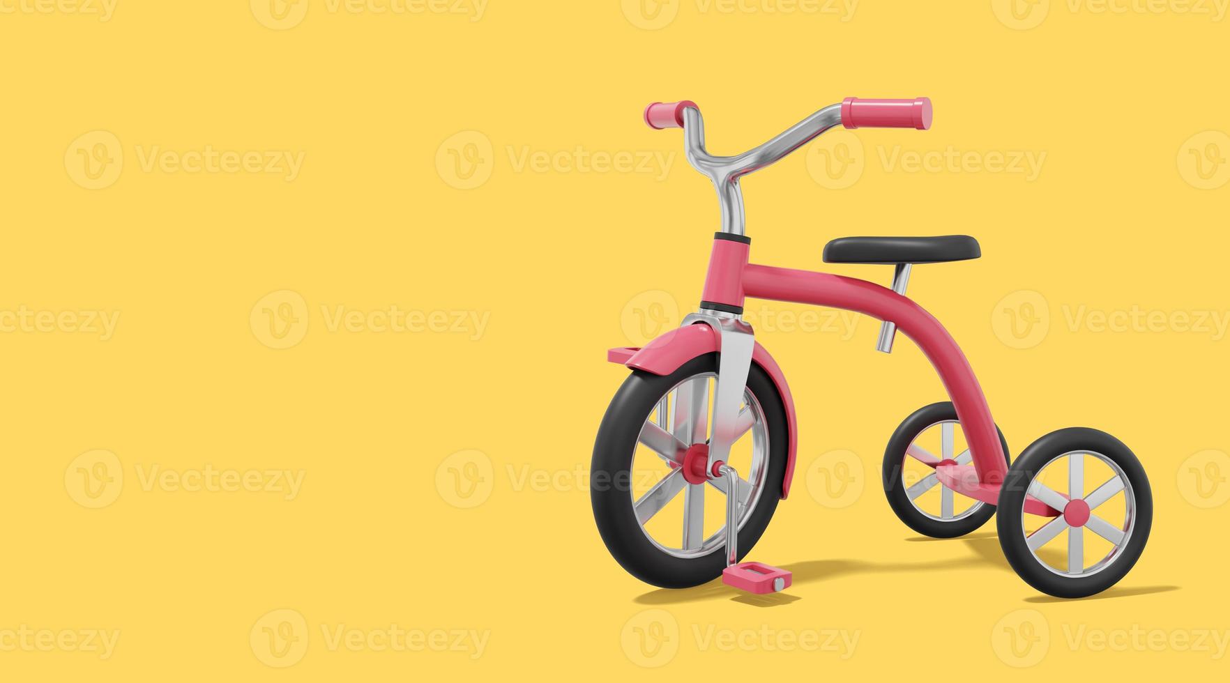 3d tolkning. röd trehjuling på gul bakgrund med Plats för text. fordon. foto