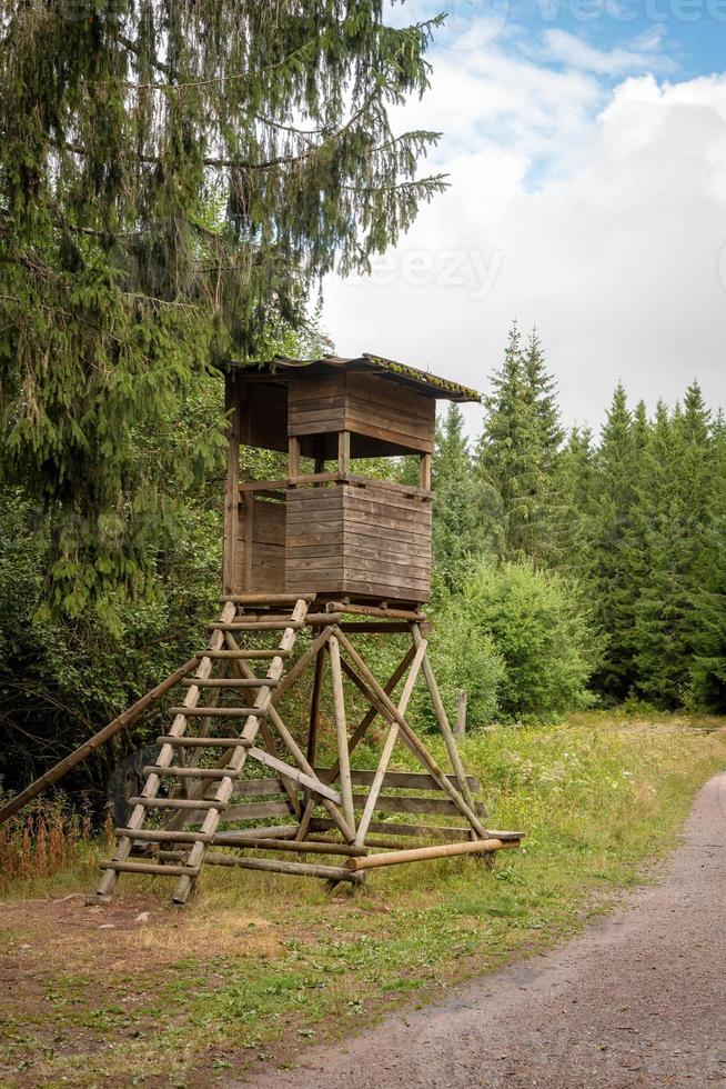 jägarens höga säte vid kanten av skogen framför en äng med grön bakgrund foto