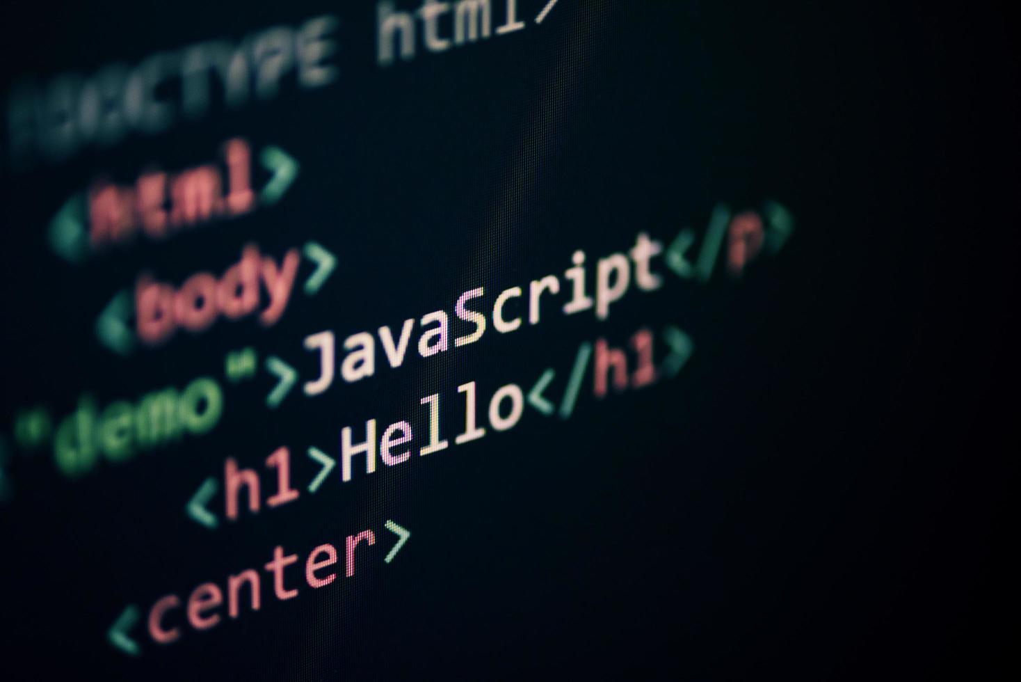 dator språk programmering javaScript koda internet text redaktör komponenter på på visa skärm foto