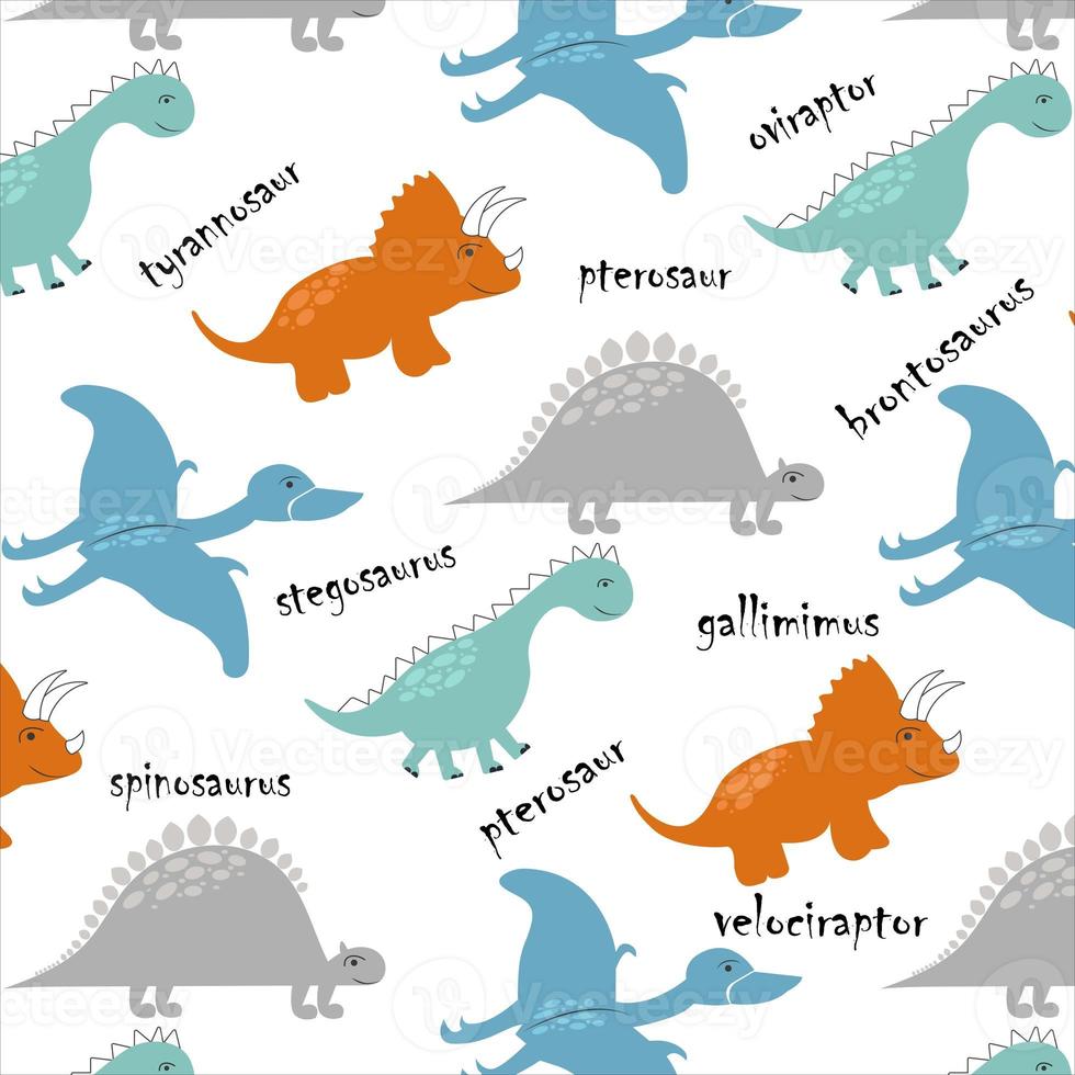 dinosaurier i tecknad serie stil. sömlös mönster med de namn av ginosaurier. i scandinavian stil. grafik på barns t-shirts, design, tapet, bakgrund, gåva omslag, brevpapper, vykort. foto