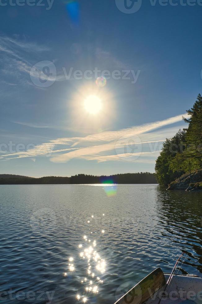 en sjö i Sverige i smalland. blå vatten, solig himmel, grön skogar. avslappning foto