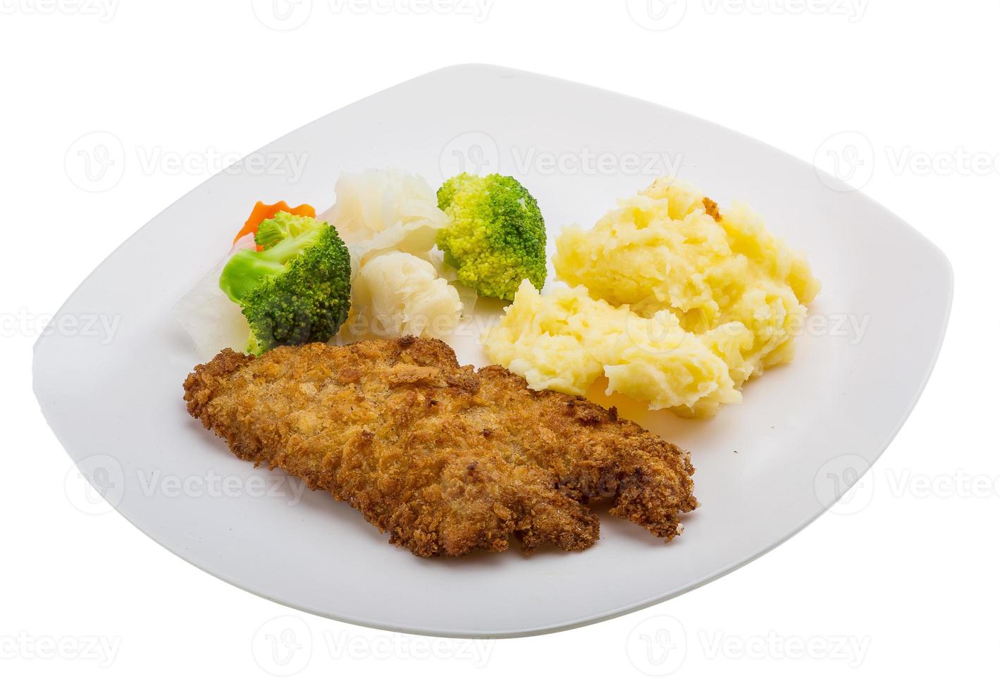 schnitzel på de tallrik och vit bakgrund foto