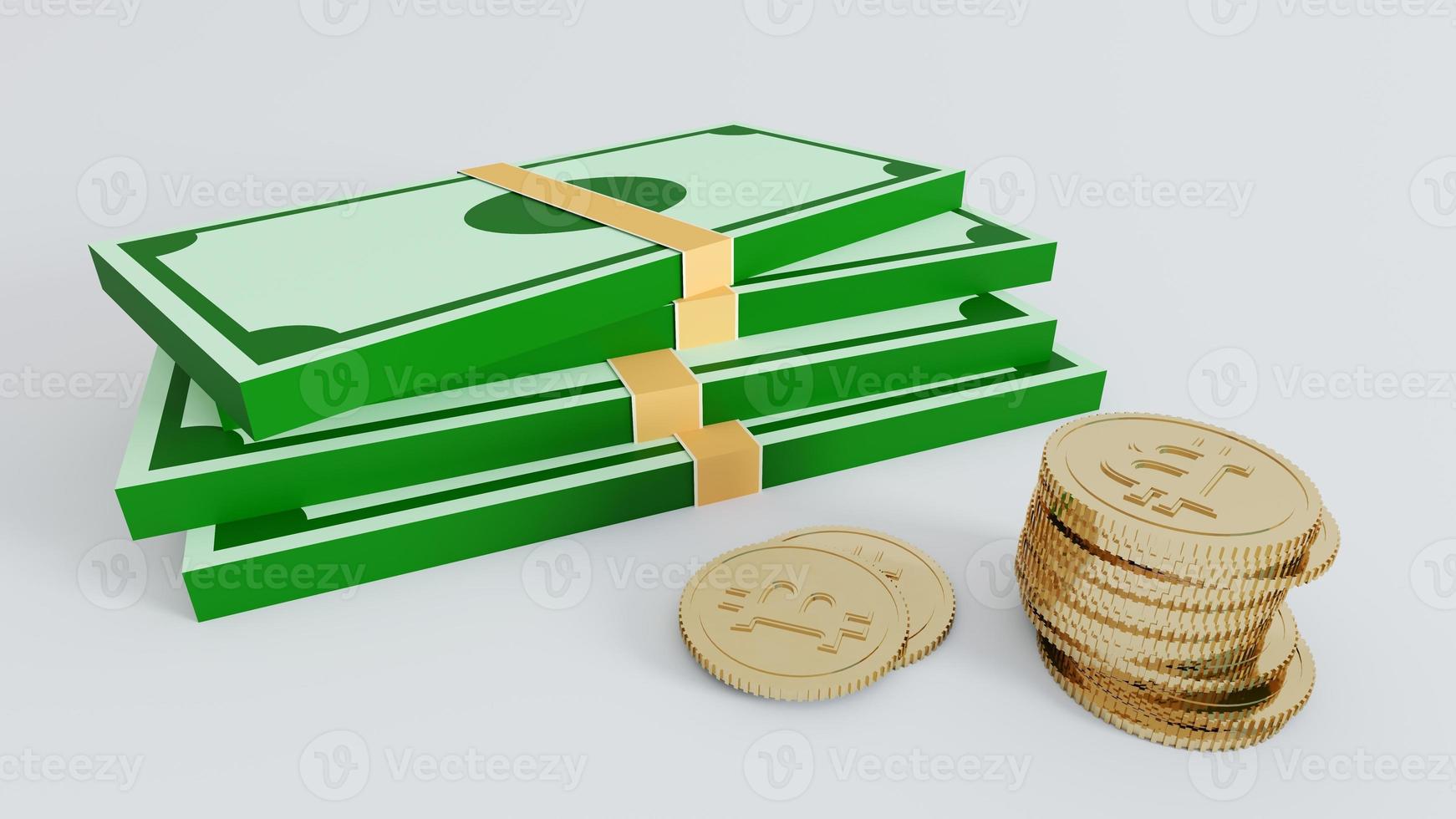 baksida pengar stack med guld mynt i realistisk 3d stil. företag och finansiera design element, grön papper dollar förbi 3d tolkning. foto