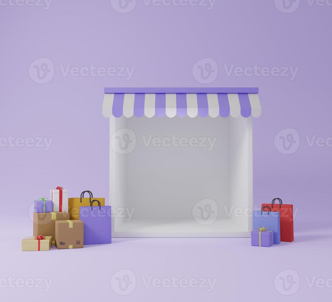 tom produkt visa Lagra låda med handla påsar och gåva lådor 3d framställa illustration foto
