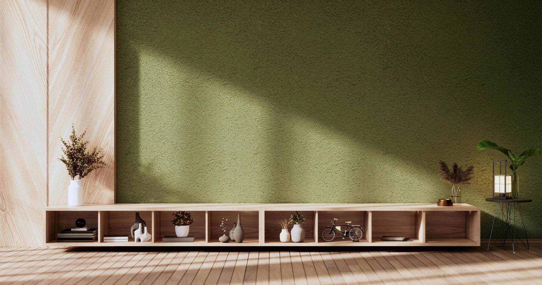 skåp i modern tömma rum på grön vardagsrum. 3d tolkning foto