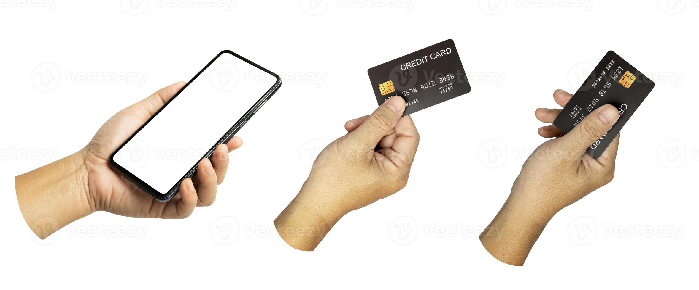 en uppsättning, grupp av manlig hand håll en kreditera kort och cell telefon isolerat på vit. foto
