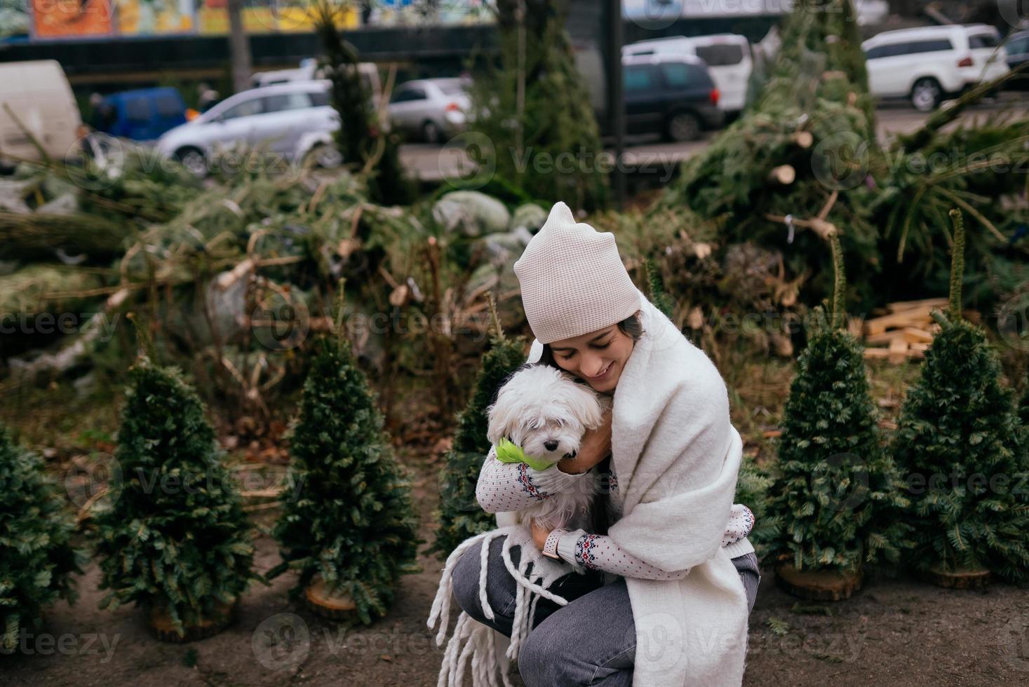 kvinna med en vit hund i henne vapen nära en grön jul träd foto