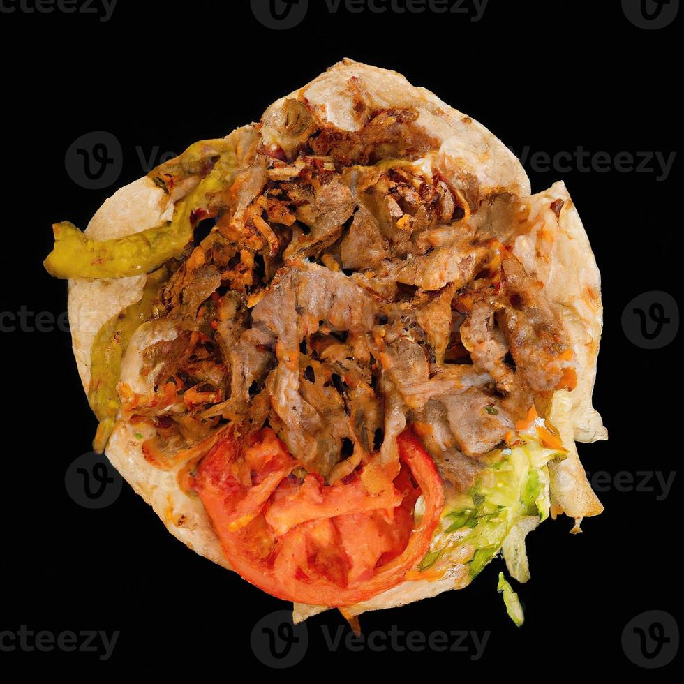 turkiska doner kebab produkt skott, svart bokeh bakgrund foto