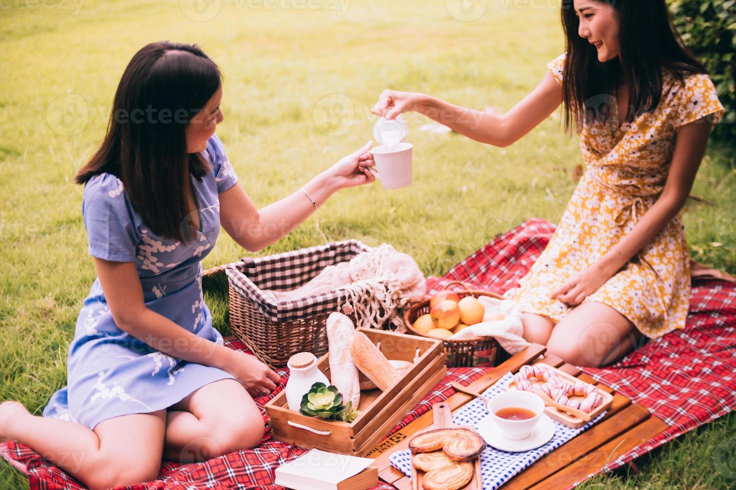 två kvinna vänner njuter picknick tillsammans i en parkera. foto