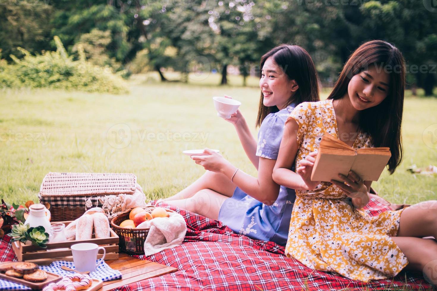 två kvinna vänner njuter picknick tillsammans i en parkera. foto