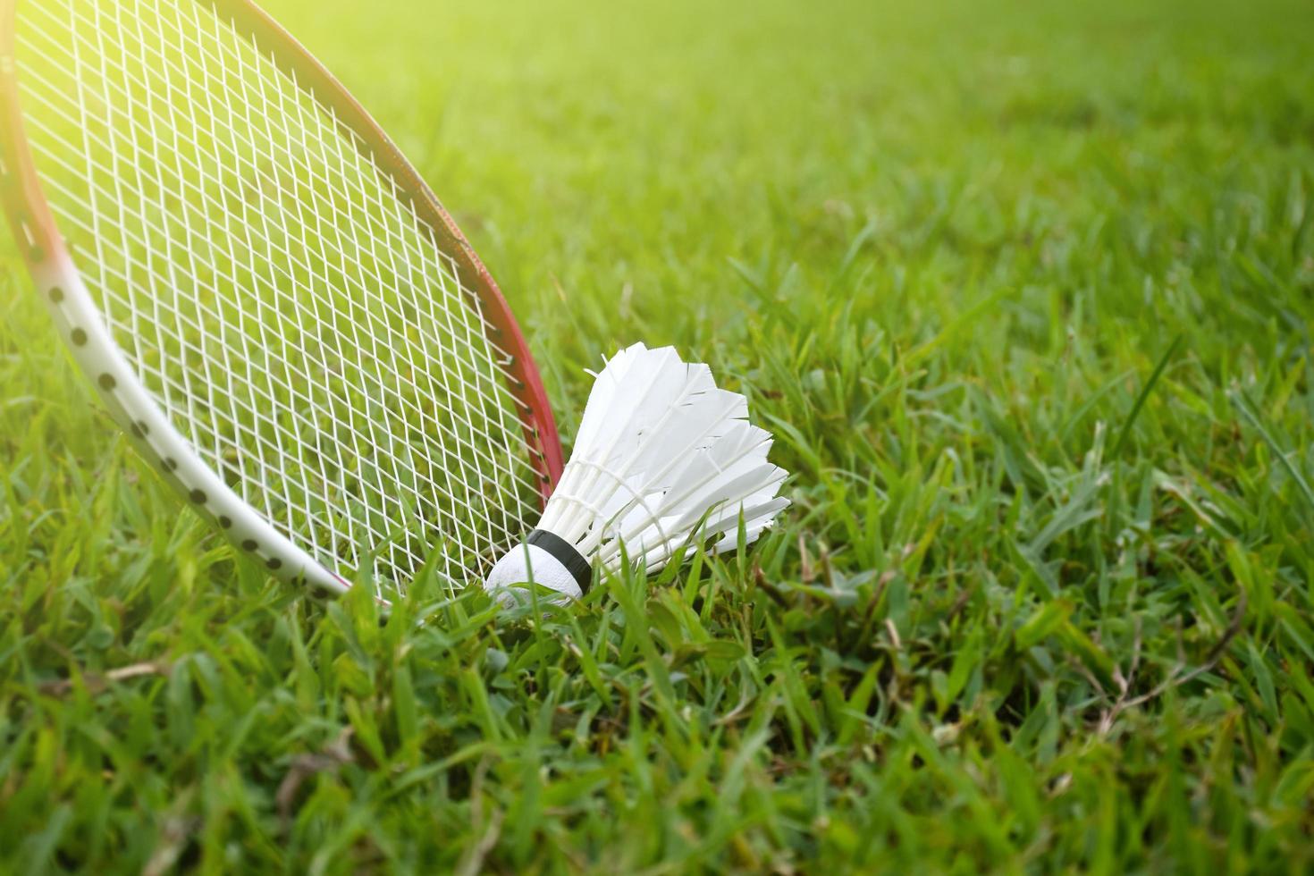 utomhus- badminton spelar utrustning på grön gräsmatta. foto