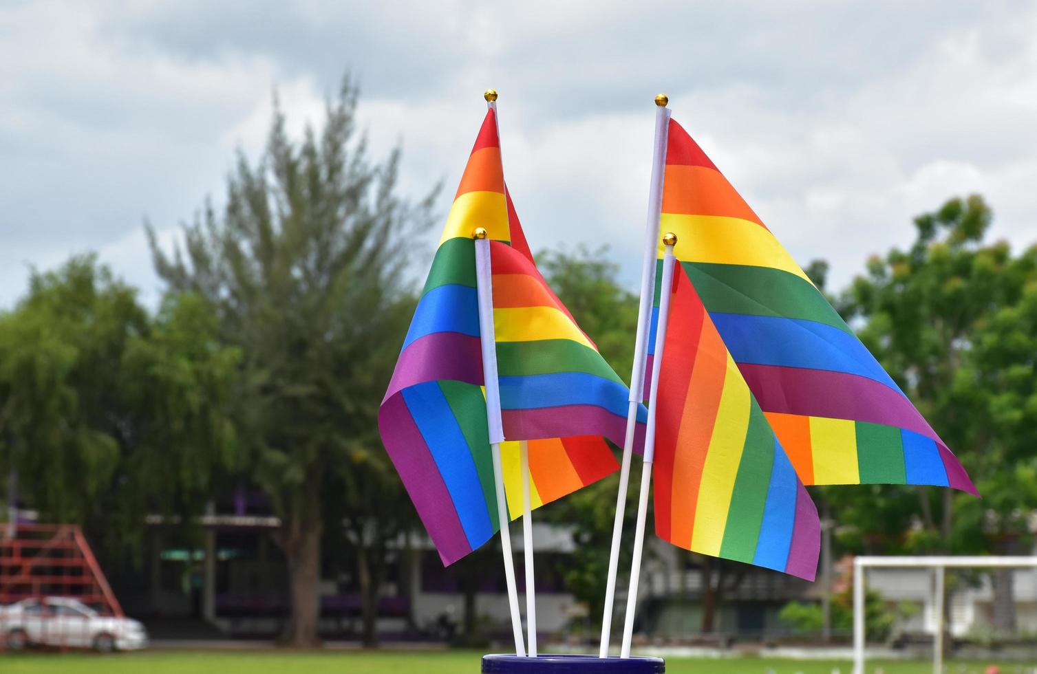 regnbåge flaggor, symbol av HBTQ kön mångfald, som visar i främre av gräs domstol av skola lekplats, suddig byggnad bakgrund, begrepp för HBTQ fester i stolthet månad, juni, över de värld. foto