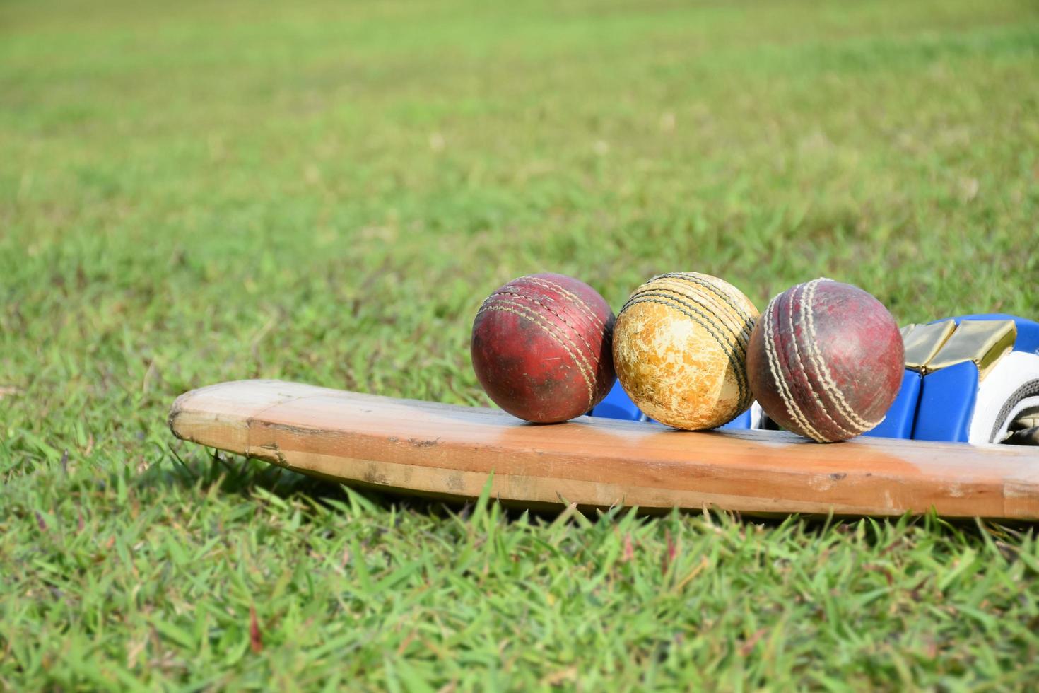 cricket sport utrustning fladdermus boll handskar på grön gräsmatta suddig grön gräs cricket fält, begrepp för använder sig av cricket sport Utrustning i Träning. foto