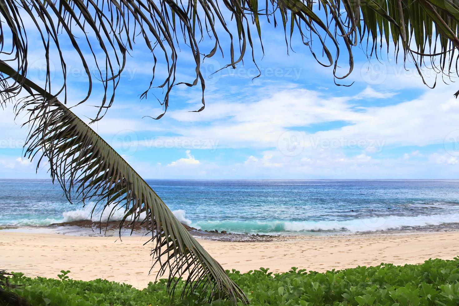 solig dag strand se på de paradis öar Seychellerna foto