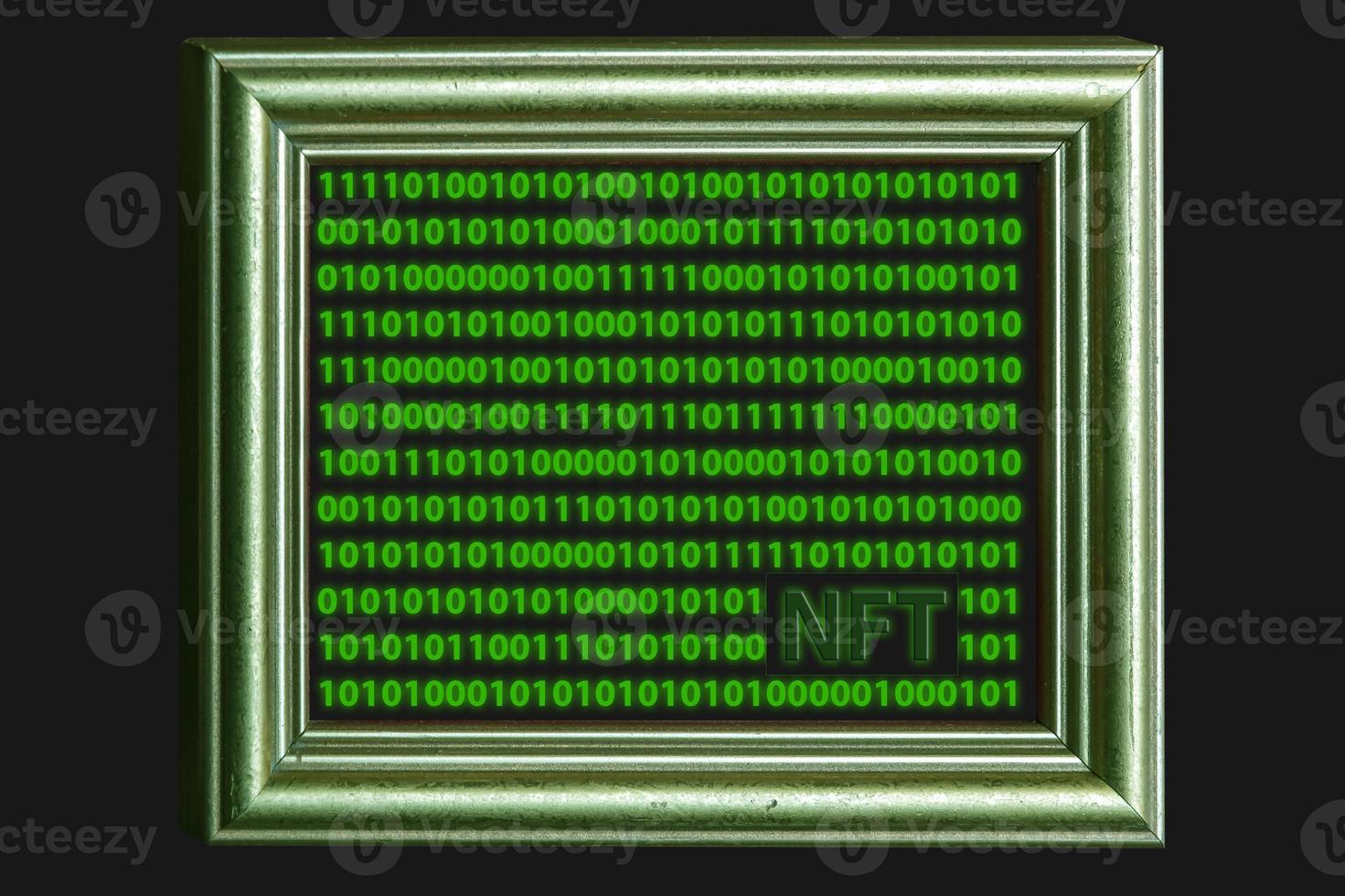 trä- ram med grön noll ett siffror som crypto konst illustration begrepp av nft baner och icke-fungibla tecken foto
