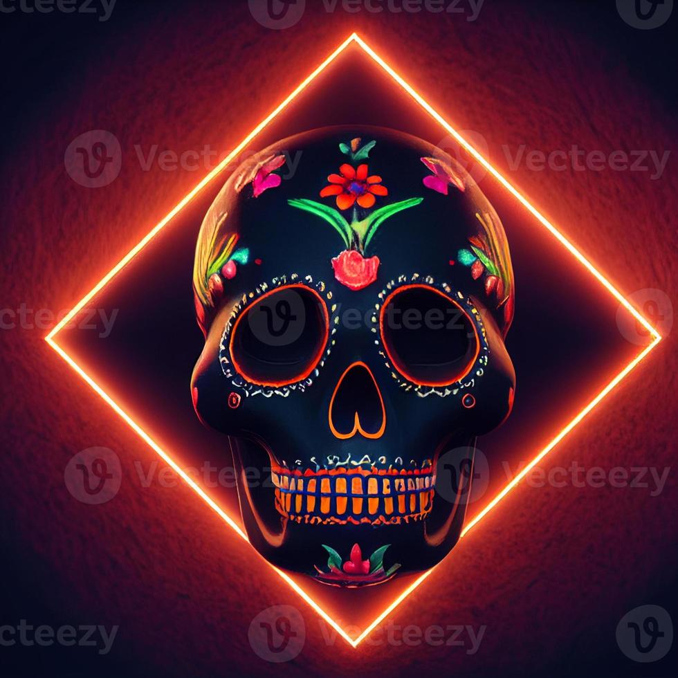 mexikansk socker skalle svart skalle i en neon ram foto