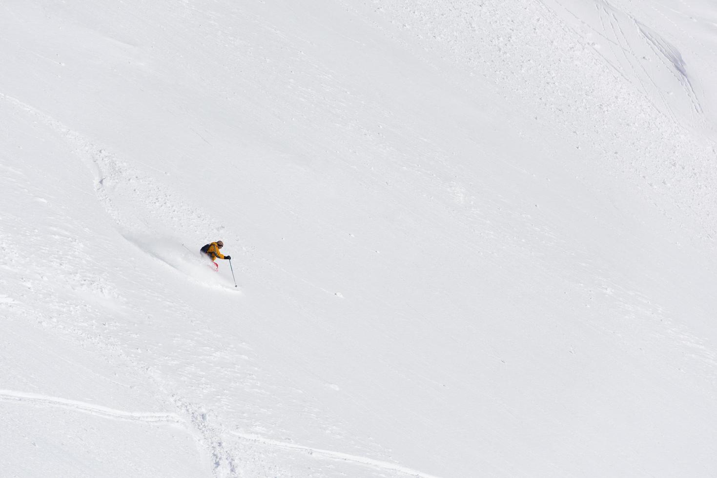 freeride skidåkare i djup pudersnö foto