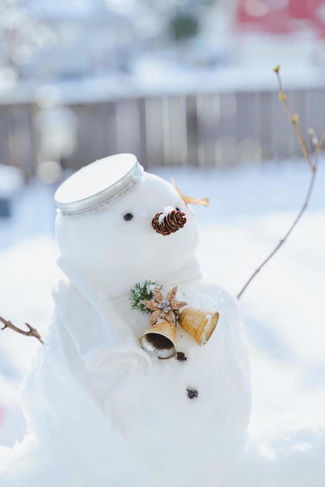 glad jul och Lycklig ny år hälsning kort med copy-space.many snowmen stående i vinter- jul landskap.vinter bakgrund.snögubbe med torr blomma och tall . Lycklig Semester och firande. foto