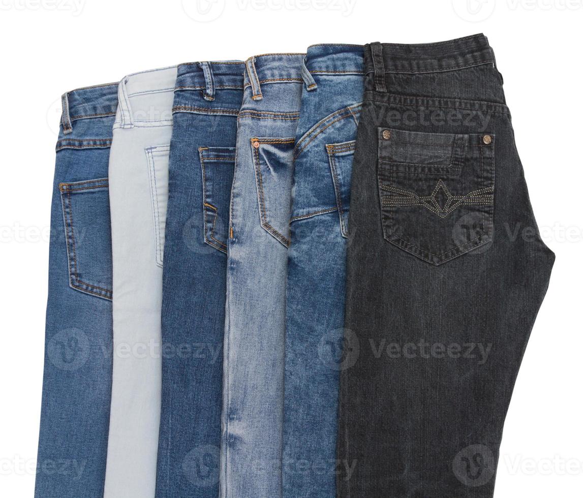 jeans denim uppsättning isolerat på vit bakgrund med kopia Plats. topp se och falsk upp kläder. manlig kvinna byxor collage isolerat foto