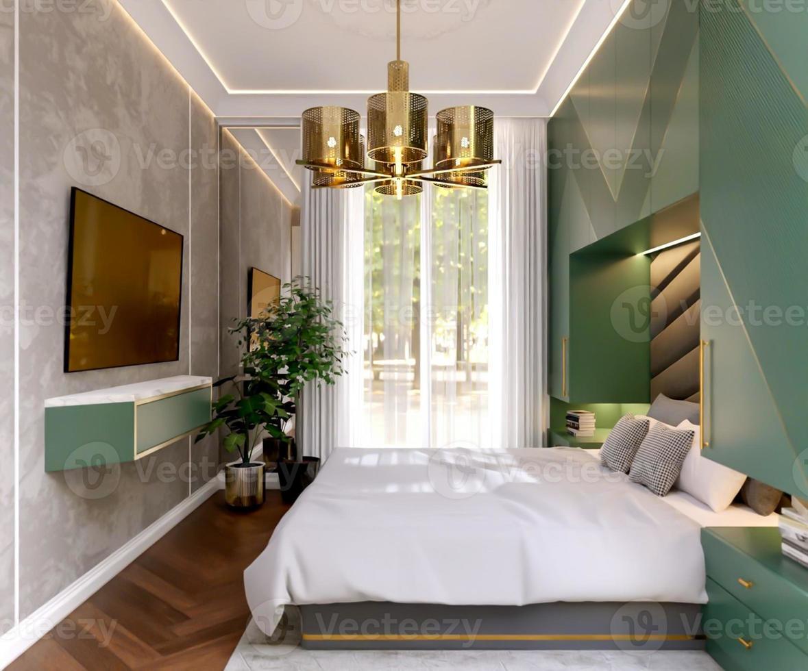 3d tolkning modern lyx grön sovrum interiör design foto