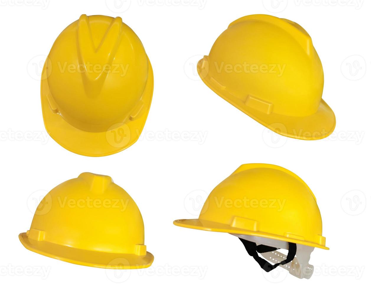uppsättning gul vördnadsfull hjälm, konstruktion verktyg för industriell säkerhet isolerat på vit bakgrund foto