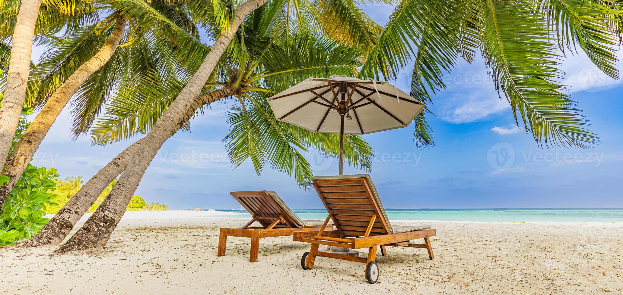 Fantastisk semester panorama på sommar ö strand. två stolar med handflatan löv och paraply, stänga havet, horisont. exotisk landskap, tropisk paradis, par roman destination baner. hav sand himmel foto