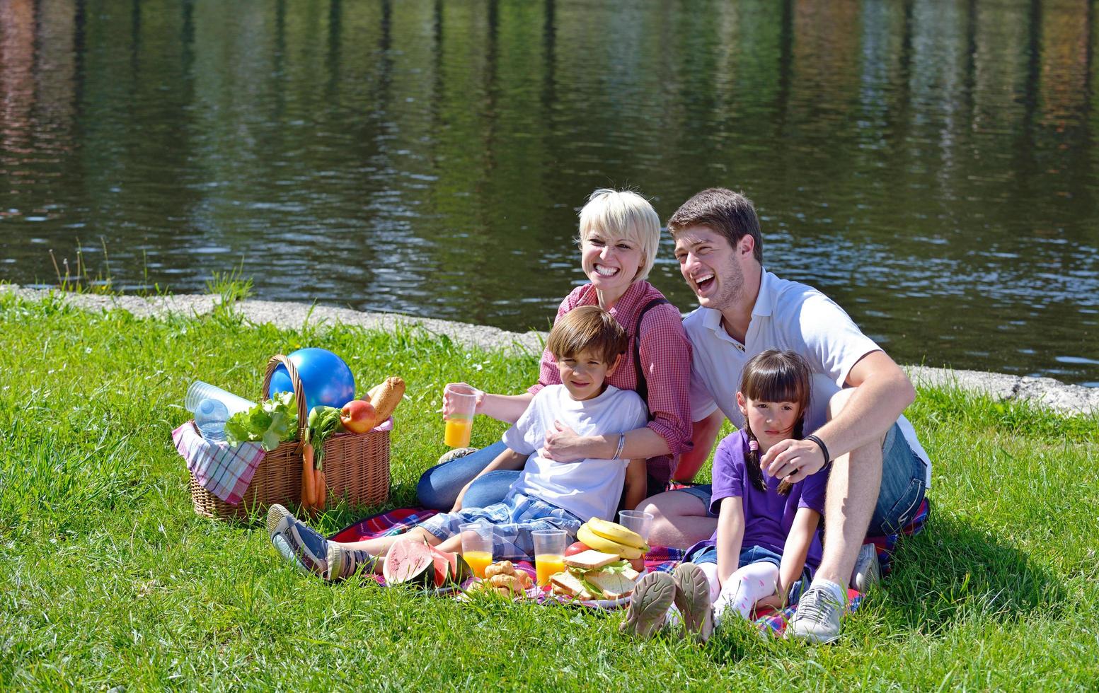 Lycklig familj spelar tillsammans i en picknick utomhus foto