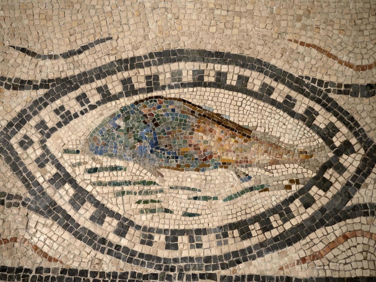 gammal roman mosaik- detalj fisk foto